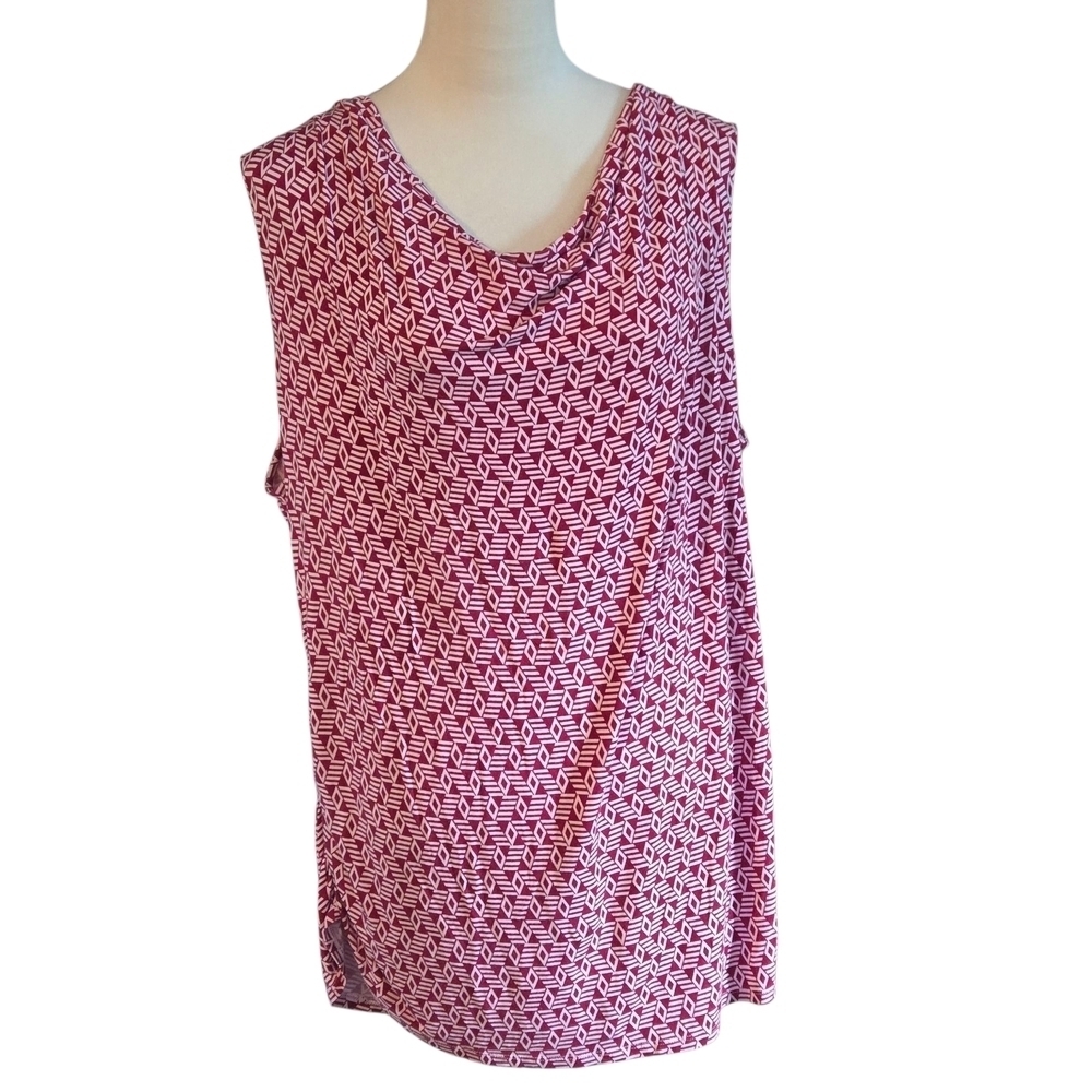 GNW Ruby Red White Geometric Patterned Top Cowl Neck Side Ruching Women's 3X
